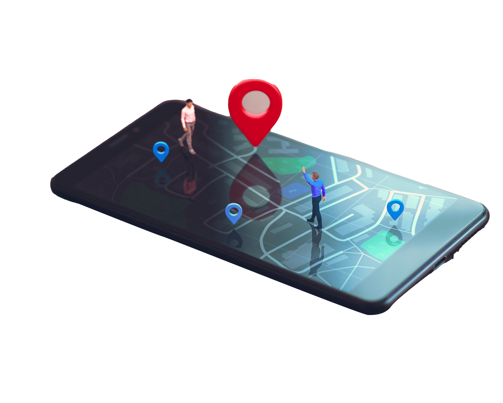 3D map with location pins on a smartphone screen.