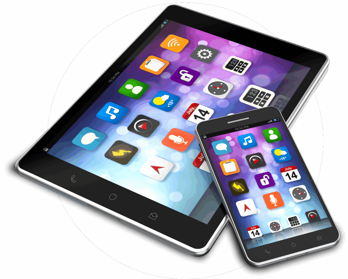A tablet and smartphone displaying colorful app icons on their screens.