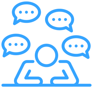 Icon of a person with speech bubbles showing communication.